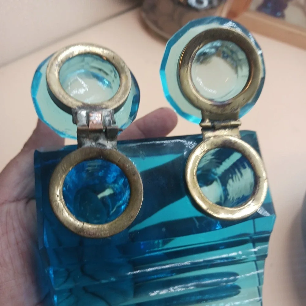 Antique Peacock Blue Glass DOUBLE Inkwell, Late 19th Century Victorian Desk